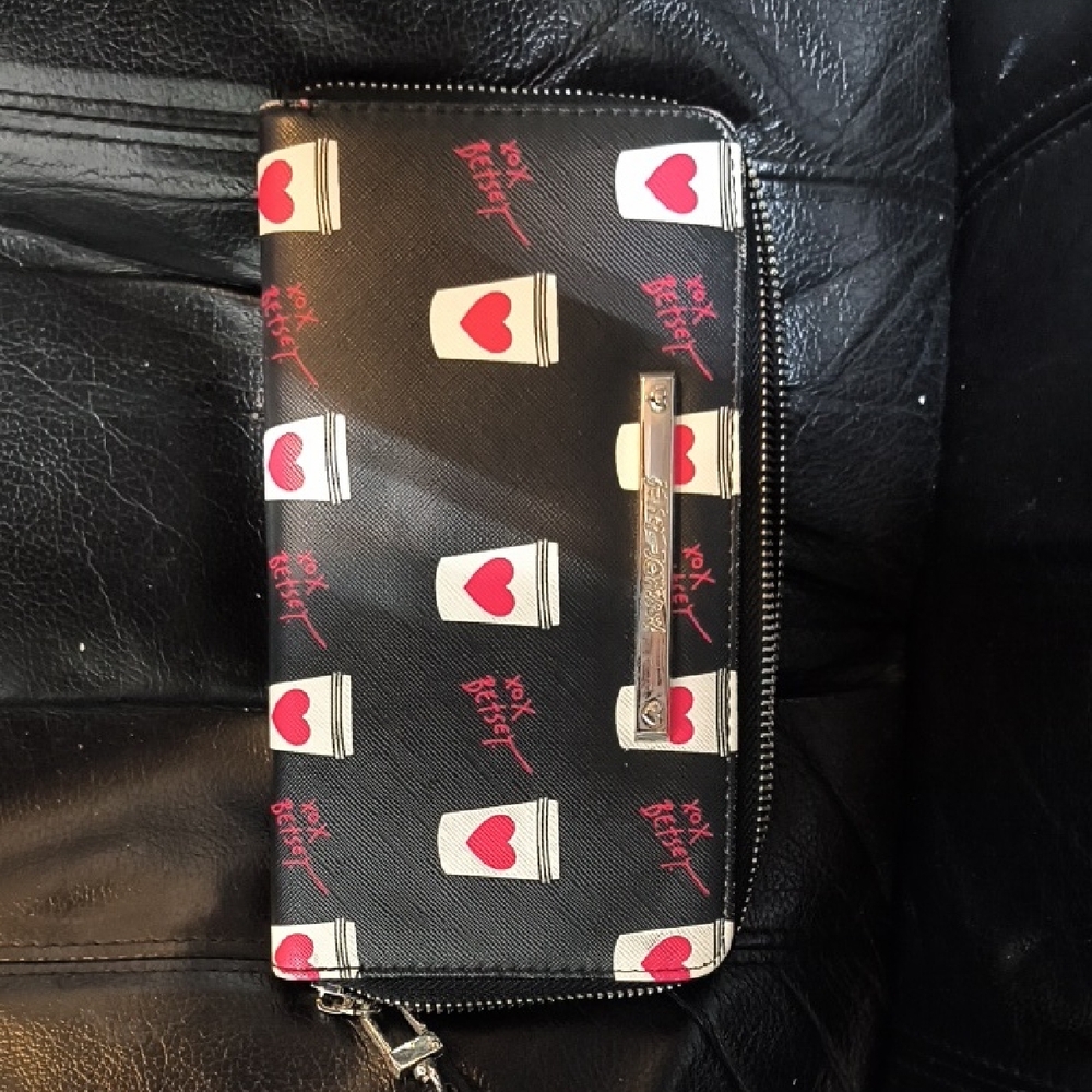 Betsey Johnson Black Zip Wallet with Red Heart Coffee Cup Print